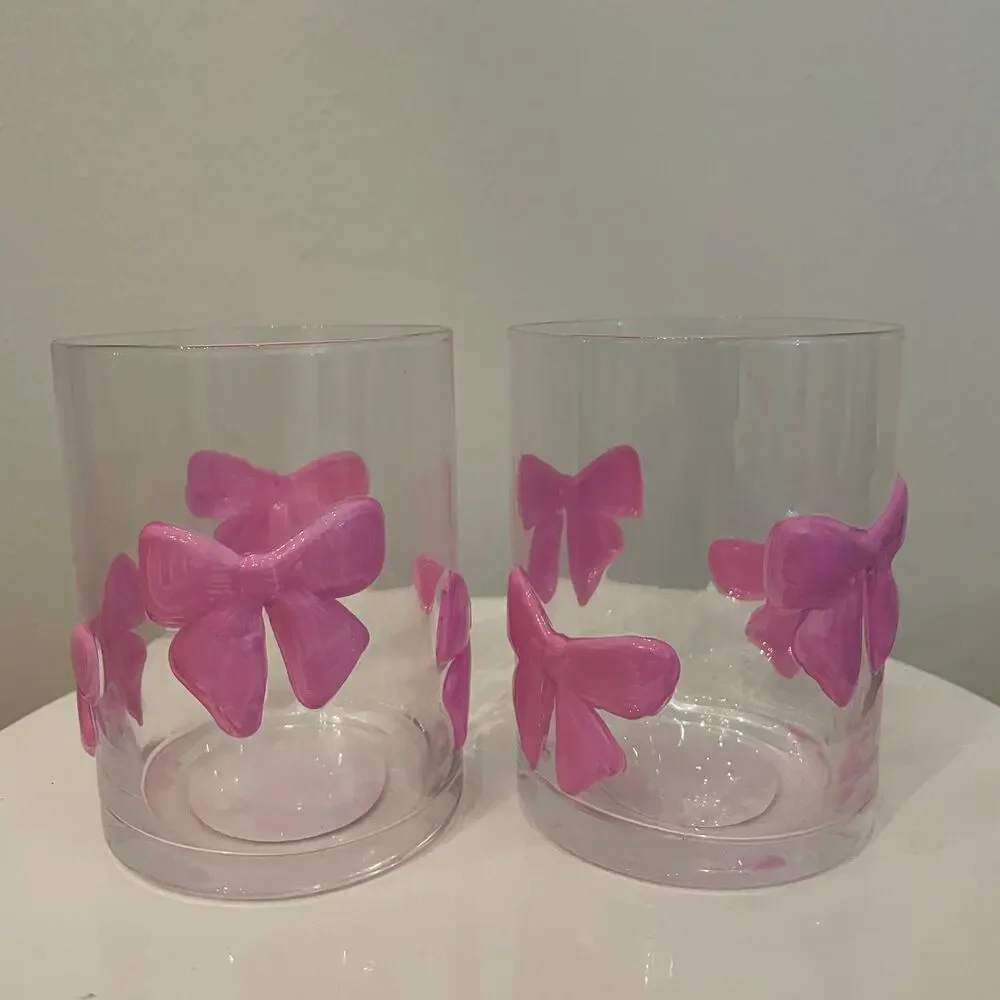 VIRAL Pink Bow Embossed Glass Clear Tumbler Cups Set of 2 NEW